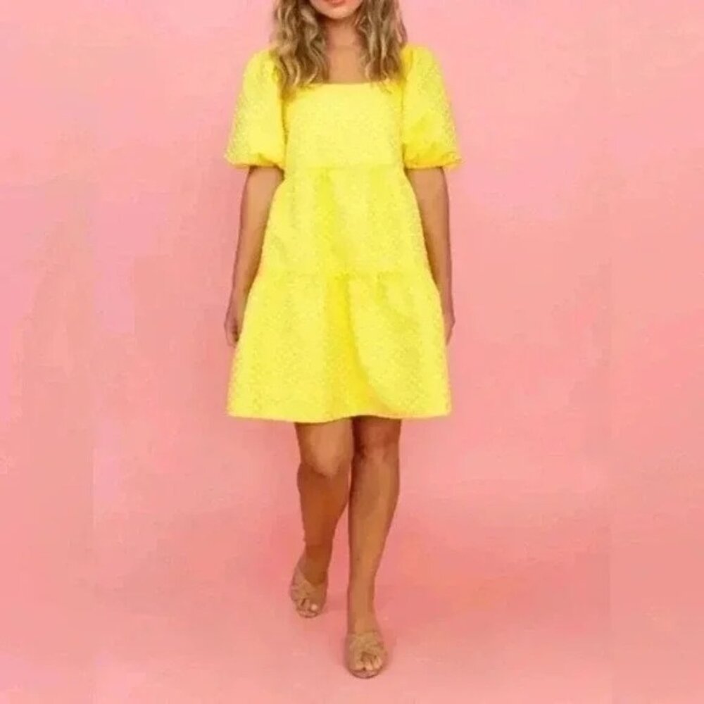 Crosby Mollie Burch Saylor Buttercup Yellow Floral Puff Sleeve Dress Womens XS